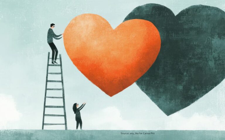Illustration of people climbing a ladder to reach a "heart" to illustrate a blog post titled "What Does Success Mean to You?"
