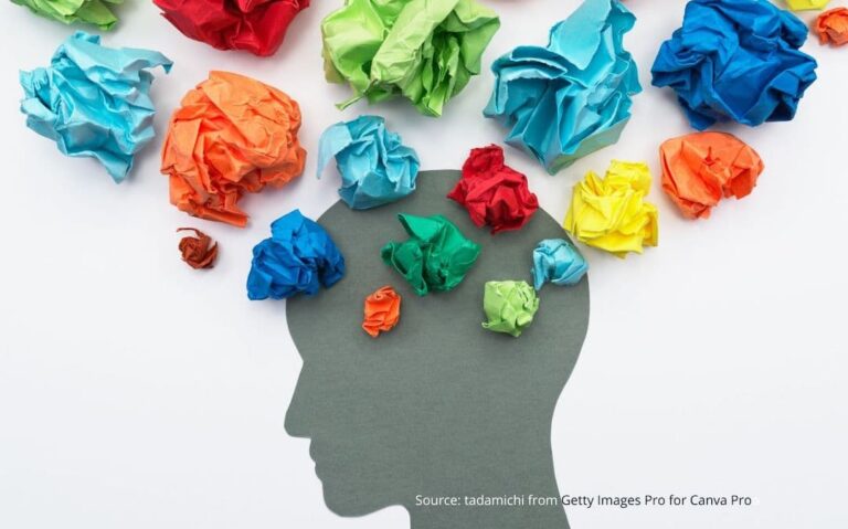 Profile of a human head with colorful "thoughts" to illustrate "what is a sense of belonging."