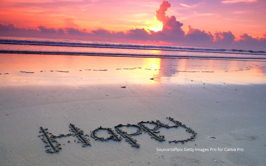 The word "happiness" written in the sand at a beach.