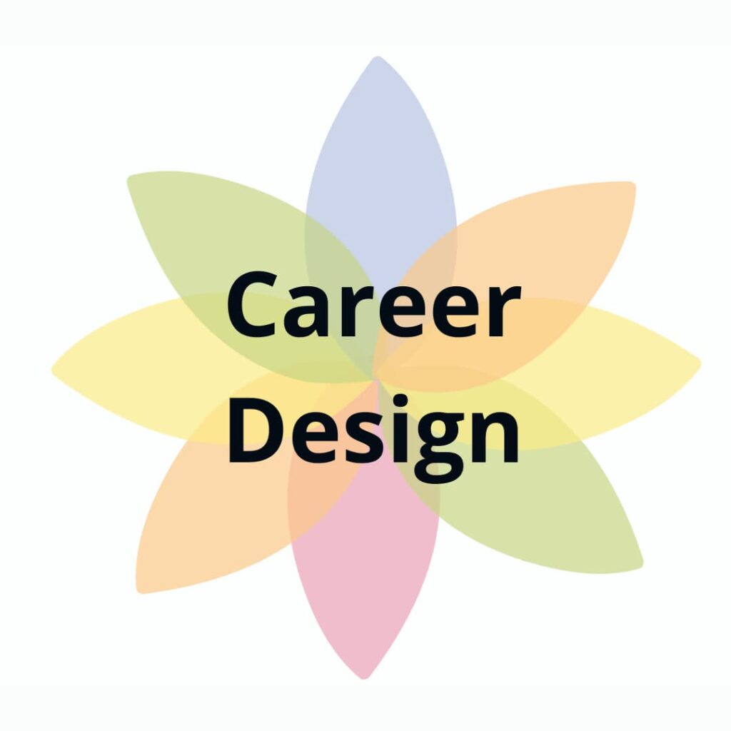 Multicolor starburst button with "career design."
