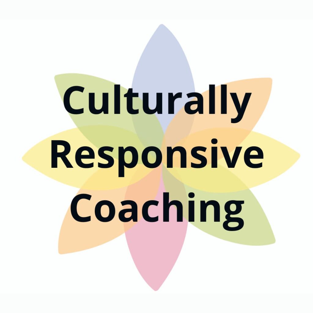 Multicolor starburst button with "culturally responsive coaching."