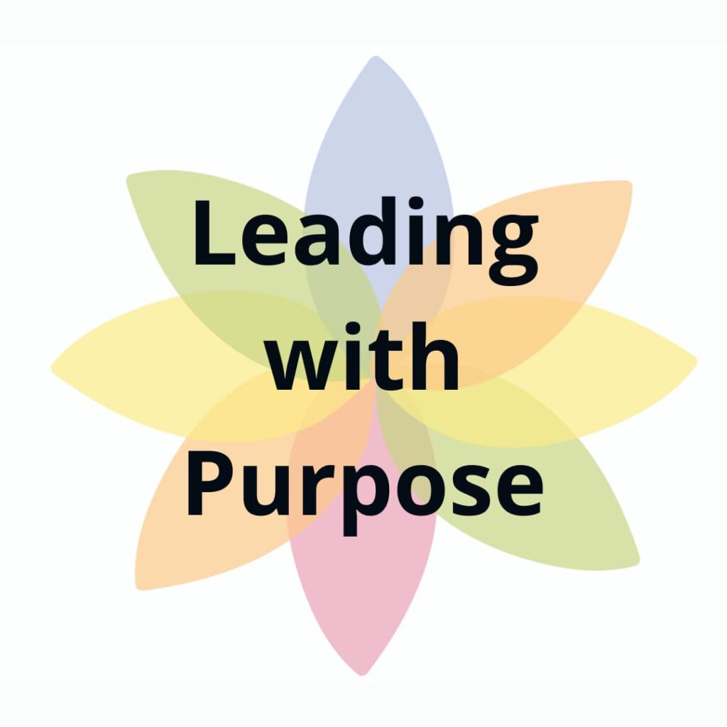 Multicolor starburst button with "leading with purpose."