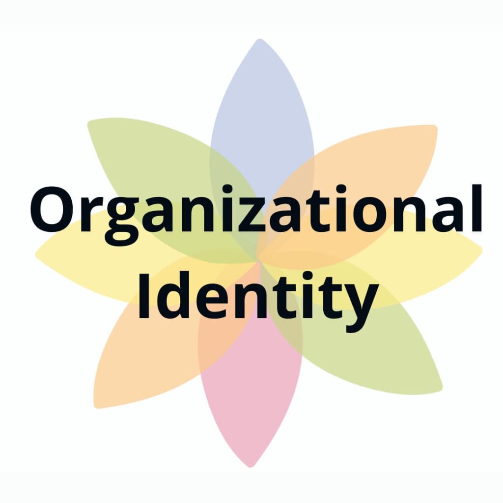 Multicolor starburst button for "organizational identity."