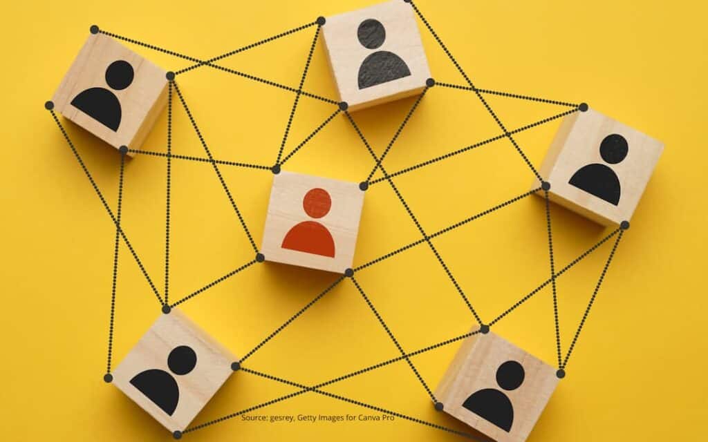 Blocks with figures on them, connected by lines to illustrate the concept of being part of a group and how it supports professional identity.