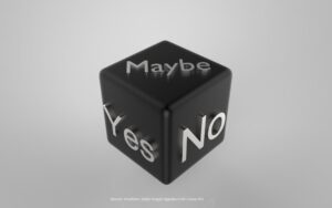A six-sided cube (die) with the words "maybe," "yes," and "no" to illustrate seeking different perspectives.